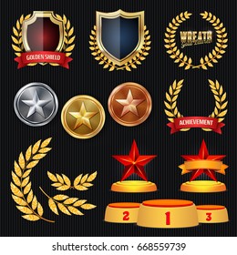 Vector Awards And Trophies Collection. Golden Badges And Labels. Championship Design. 1st, 2nd, 3rd Place. Golden, Silver, Bronze Achievement. Badge, Medal. 