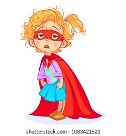 Vector aweary super girl hunched herself, tiredly dropped her eyelids, a mess on her head, a red mask and a red cloak tied around her neck. Cutout cartoon funny Super hero art.