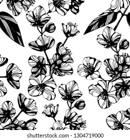 Vector Awesome jasmine flowers. Hand drawn ink illustration. Wallpaper or fabric design.