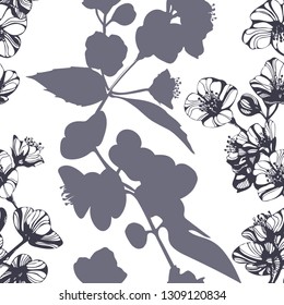 Vector Awesome jasmine flowers. Hand drawn ink illustration. Wallpaper or fabric design.