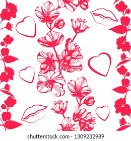 Vector Awesome jasmine flowers, lips and heart. Hand drawn ink illustration. Wallpaper or fabric design.