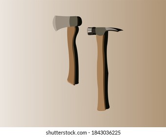 Vector de hacha y martillo sobre fondo marrón