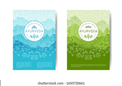 Vektorillustration Ayurveda Illustration mit Decken mit Farbverlauf-Text in Farbverlauf-Farben zur Verwendung als Vorlage der Präsentation, Werbung ayurvedische Shop, Massage, Website, Yoga-Studio, alternative Medizin Zentrum.