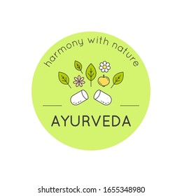 Ayurveda-Illustration der Vektorillustration mit isolierten linearen Blättern, Blumen, Früchten auf weißem Hintergrund zur Verwendung als Logo-Vorlage für ayurvedische Boutique, alternative Medizin-Zentrum, natürliche Bioprodukte, Massage