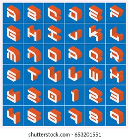 Vector A-Z Alphabet Orange Text 3D extrude Isolate over Blue Background