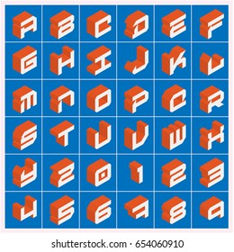 Vector A-Z Alphabet Orange Text 3D extrude Isolate over Blue Background