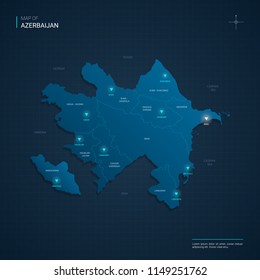 Vector Azerbaijan map illustration with blue neon lightpoints - triangle on dark blue gradient background. Administrative divisions, cities, borders, capital. Neon tech background with glow. 