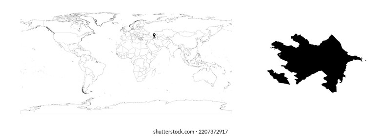 Vector Azerbaijan map showing country location on world map and solid map for Azerbaijan on white background. File is suitable for digital editing and prints of all sizes.