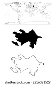Vector Azerbaijan map, map of Azerbaijan showing country location on world with solid and outline maps for Azerbaijan on white background. File is suitable for digital editing and prints of all sizes.