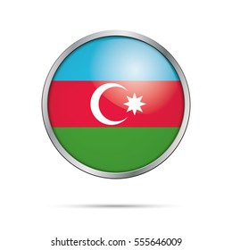 Vector Azerbaijani flag Button. Azerbaijan flag glass button style with metal frame.