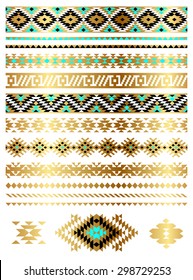 vector aztec flash tattoo. tribal gold abstract geometric elements. set of ethnic frames, border design elements, pattern