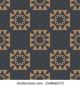 Vector aztec geometric square grid shape vintage gold color seamless pattern on black background. Use for fabric, textile, interior decoration elements, upholstery, wrapping.