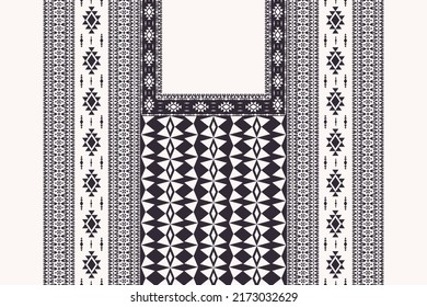 Vector aztec geometric triangle shape neck embroidery pattern design with border black and white color background. Tribal art fashion for shirts.