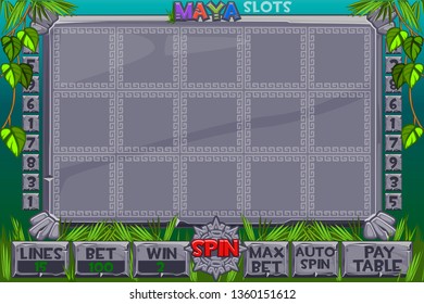 Vector Aztec Slots. Complete menu of graphical user interface and full set of buttons for classic casino games creation. Interface slot machine in Maya style