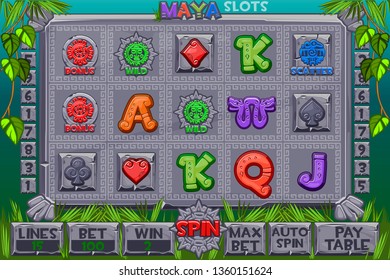 Vector Aztec Slots stone icons. Complete menu of graphical user interface and full set of buttons for classic casino games creation. Interface slot machine in Maya style. Game casino, slot, UI.