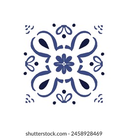 Vector azulejo mosaic tile. Portugal traditional geometric ceramic design. Blue, white color, floral motifs. Mediterranean, Portuguese, Spanish traditional vintage style.