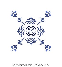 Vector azulejo mosaic tile. Portugal traditional geometric ceramic design. Blue, white color, floral motifs. Mediterranean, Portuguese, Spanish traditional vintage style.