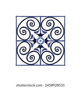 Vector azulejo mosaic tile. Portugal traditional geometric ceramic design. Blue, white color, floral motifs. Mediterranean, Portuguese, Spanish traditional vintage style.