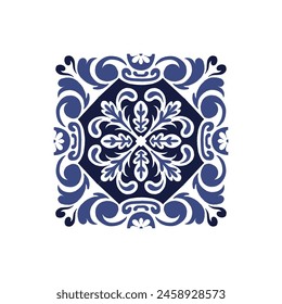 Vector azulejo mosaic tile. Portugal traditional geometric ceramic design. Blue, white color, floral motifs. Mediterranean, Portuguese, Spanish traditional vintage style.