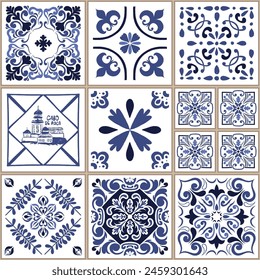 Vector azulejo mosaic tile. Portugal traditional geometric ceramic design. Blue, white color, floral motifs. Mediterranean, Portuguese, Spanish traditional vintage style.