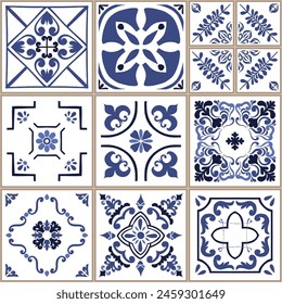 Vektorgrafik Azulejo Mosaik Fliese. Portugal traditionelles geometrisches Keramikdesign. Blau, weiße Farbe, Blumenmotive. mediterran, portugiesisch, spanisch, traditioneller Vintage-Stil.