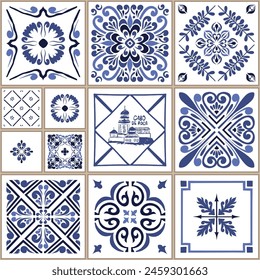 Vector azulejo mosaic tile. Portugal traditional geometric ceramic design. Blue, white color, floral motifs. Mediterranean, Portuguese, Spanish traditional vintage style.