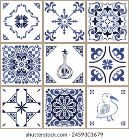 Vektorgrafik Azulejo Mosaik Fliese. Portugal traditionelles geometrisches Keramikdesign. Blau, weiße Farbe, Blumenmotive. mediterran, portugiesisch, spanisch, traditioneller Vintage-Stil.