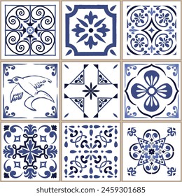 Vector azulejo mosaic tile. Portugal traditional geometric ceramic design. Blue, white color, floral motifs. Mediterranean, Portuguese, Spanish traditional vintage style.