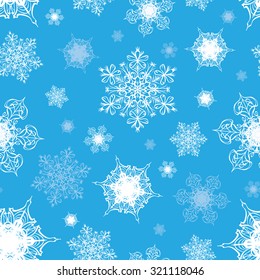 Vector Azure Blue White Ornate Snowflakes Seamless Pattern