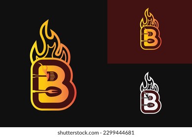 Vector B letter alphabet with a  fire flame. Logo design for Barbecue, Seekh Kebab, restaurant, food shop 