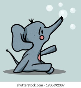 vector babe sitting elephant with little bubbles in light blue background