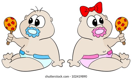 Vector babies with the toy on a white background