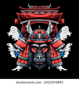vector baboon samurai and japan gates illustration apparel design
