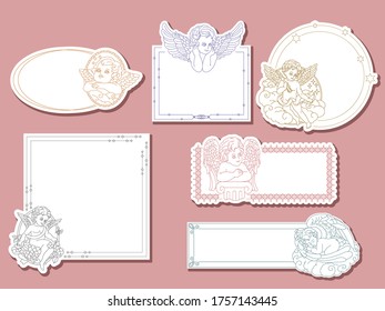 Vector Baby Angel Illustration with  Classic Geometric Frames Template for Invitation Card, Label, Sticker, Branding or Graphic Element.