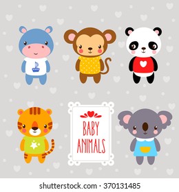 Vector  baby animals drawn in cartoon style on a gray background.