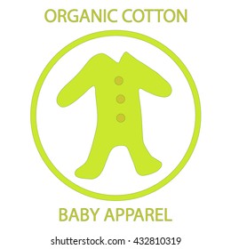 Vector baby apparel logo with green color bodysuit in a circle and text Organic Cotton Baby Apparel. Baby clothes logo. Baby clothes icon. Organic cotton clothes. Eco-friendly clothes. Baby one-in-all