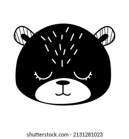 Vector baby bear face black white forest animals