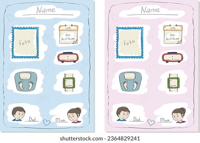 Vector baby birth cards for boy and girl with height, weight and date of birth. Illustration, poster for children with newborn metrics.