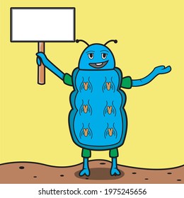 Vector Of Baby Blue Caterpillar With Blank Name Plate and Yellow Background. Perfect For Color Learning, background, Business, Knowledge, Education, advertisement Product and mock up Product.