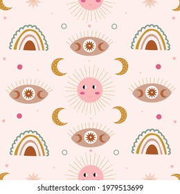 Vector baby boho seamless pattern. Hippie chic background. Bohemian abstract shape elements, moon, eye, star, polka dots, sun,  rainbow. Good for fabric, wrapping, textile, wallpaper, apparel.
