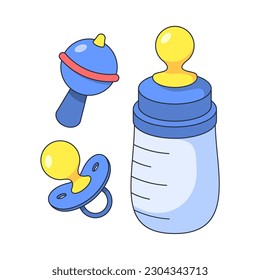 Vector baby bottle pacifier with baby toys celebration set vector illustration