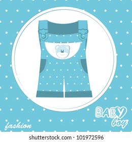 Vector baby boy arrival scrapbook card with stylish overall