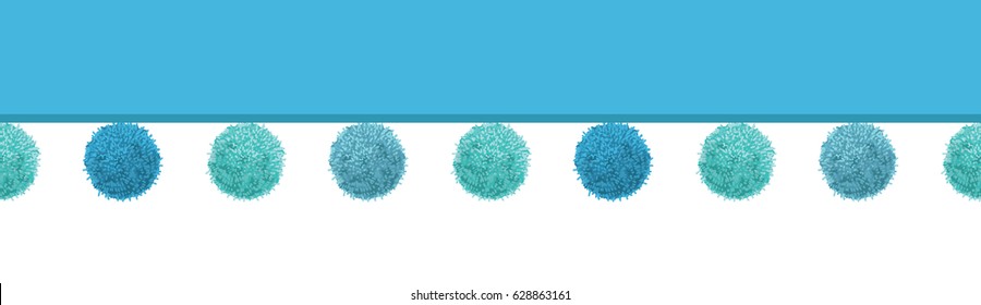 Vector Baby Boy Blue Decorative Pom Poms Horizontal Seamless Repeat Border Pattern. Great for nursery room, handmade cards, invitations, wallpaper, packaging, baby girl designs.