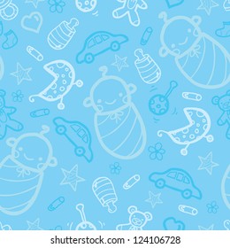 Vector baby boy blue seamless pattern background with hand drawn elements.