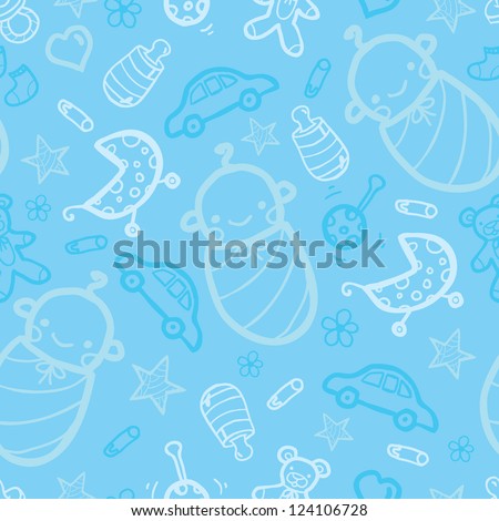 Vector baby boy blue seamless pattern background with hand drawn elements.