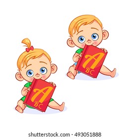 Vector baby boy and baby girl nibbles book.Two cartoon toddlers characters with the alphabet.