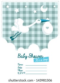 Vector baby boy invitation card with stork.