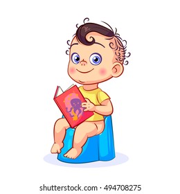 Vector baby boy reading a red book sitting on a blue kids potty. Isolated image on white background.