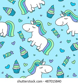 vector baby boy seamless pattern with unicorns and sweets