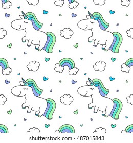 vector baby boy seamless pattern with unicorns, rainbows and clouds